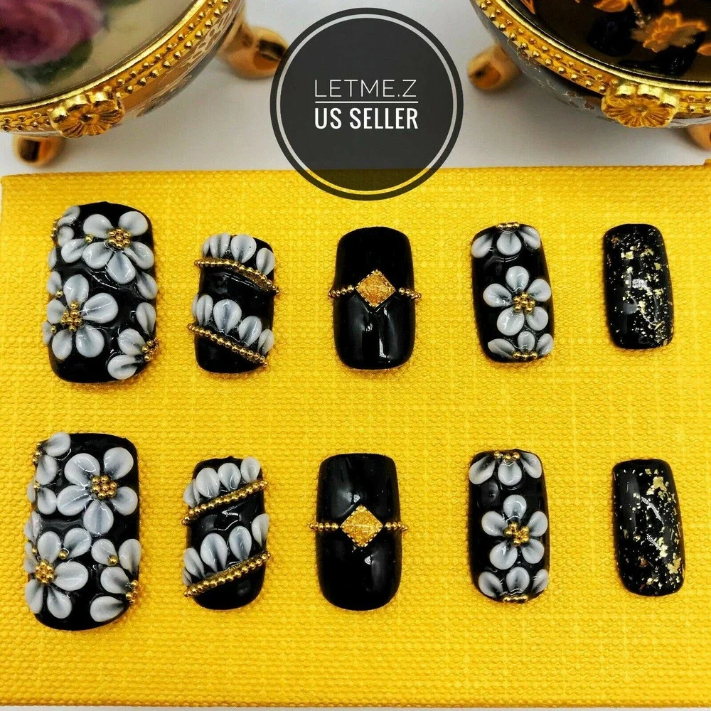 Press on Nails‎ Glue On Acrylic 3D Flower Black Gold